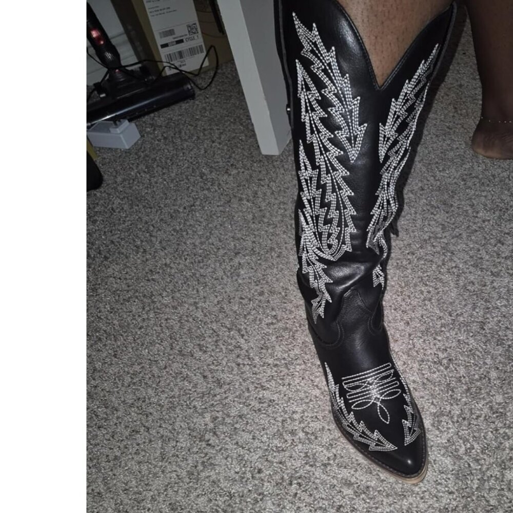 🆕Womens Black Polyurethane Cowboy Side Zipper Knee High  Chunky Heel Boots